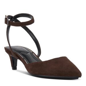 Vince Camuto Irva Brown Suede Pointed-Toe Ankle-Strap Kitten Heel